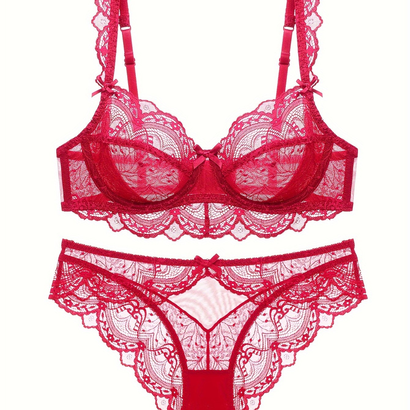 Plus Size Lace Lingerie Set with Bow and Spaghetti Strap Solid Color High Stretch
