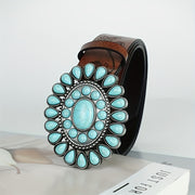 Ayollar uchun jigarrang emboss qilingan PU charm G'arbiy kamar va turkuaz tokchali buckl bilan