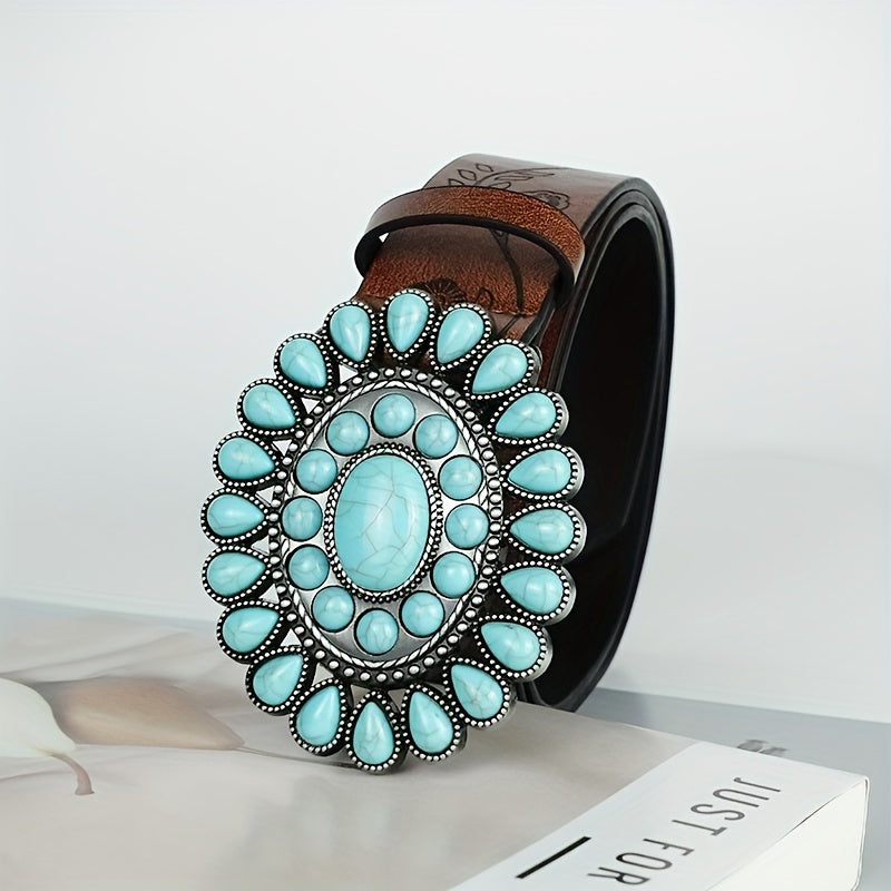 Women's Brown Embossed PU Leather Western Belt with Turquoise Buckle