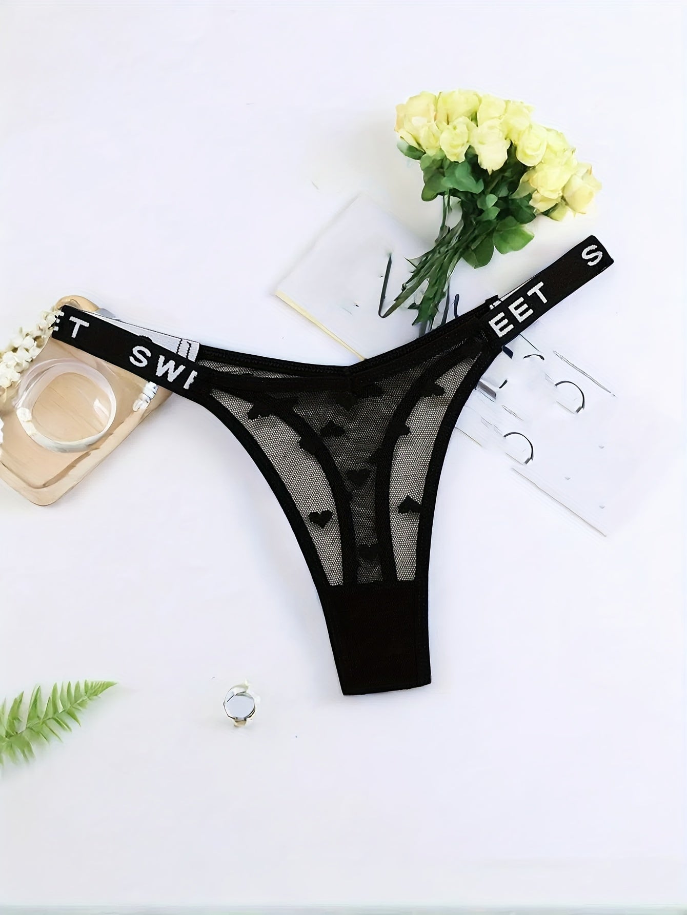 Women's Thong Underwear Mesh Heart Pattern Polyamide Blend Comfortable Stretch Fit