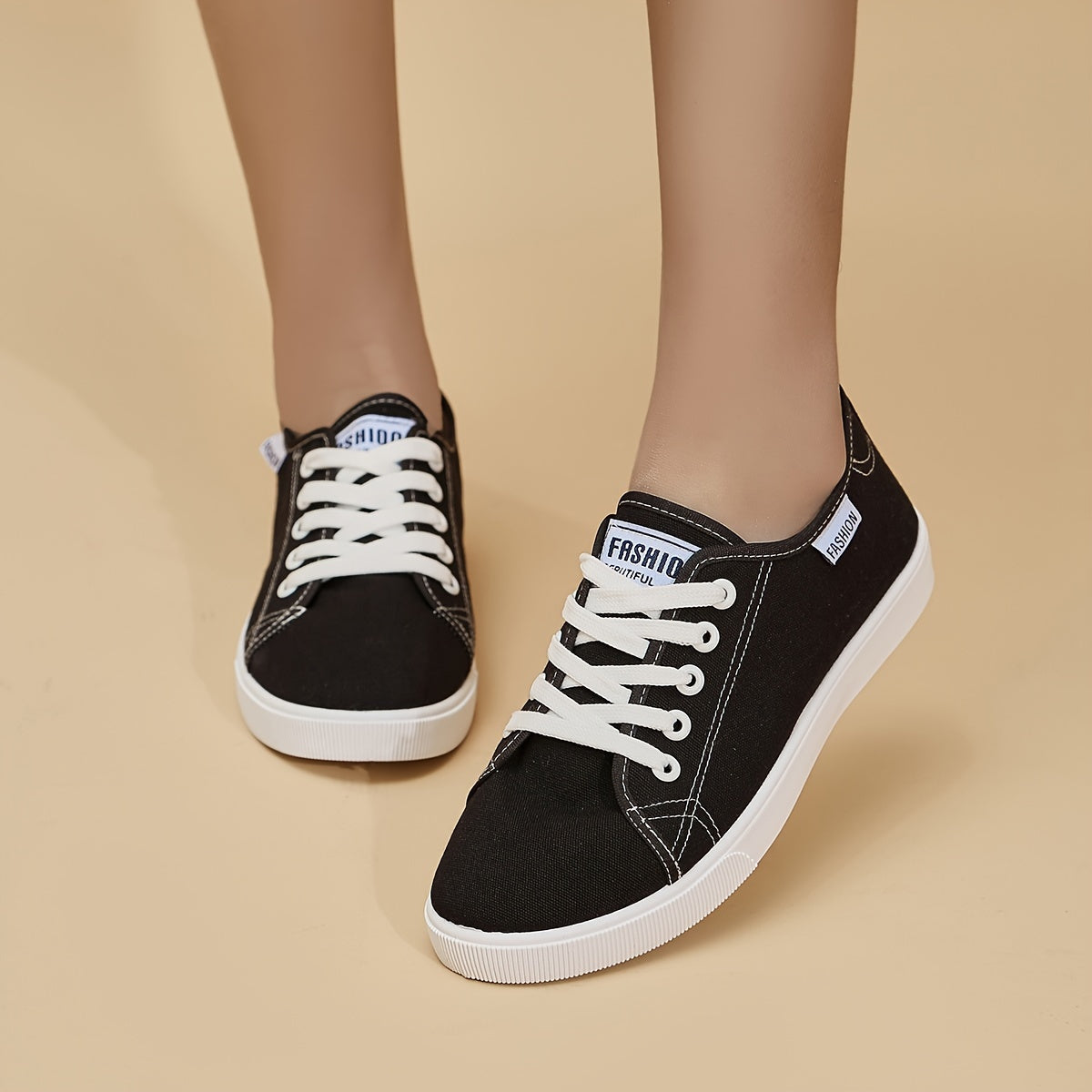 Women's Canvas Low Top Sneakers, Lace Up Flat Walking Shoes