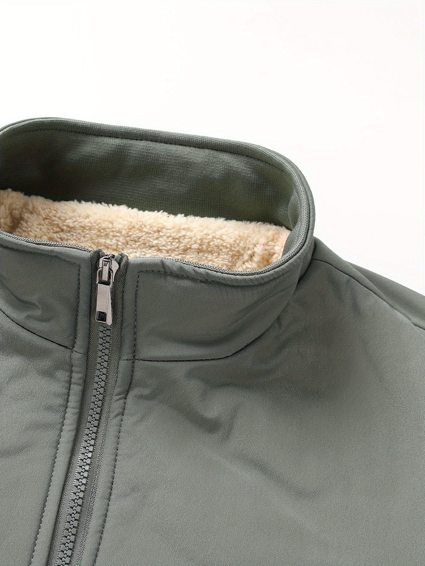 Men's Fleece Jacket Solid Band Collar Plus Size Casual Winter Warm Outerwear