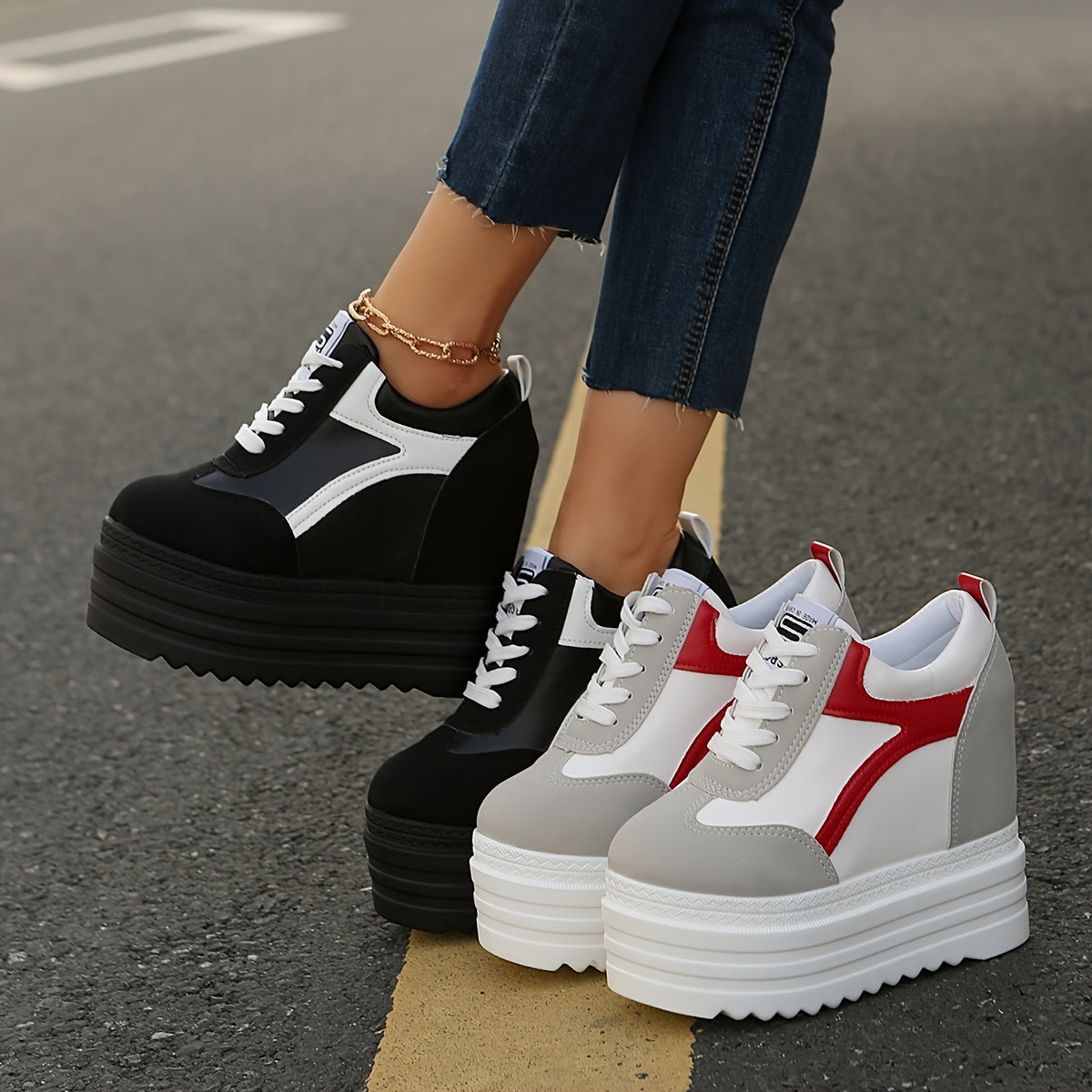 Women's Fashion Sneakers, Lace-Up, Color Block, Thick Platform, All Seasons