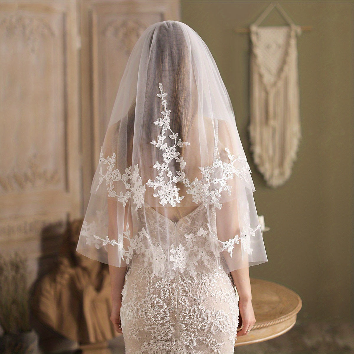 Princess Cathedral Wedding Veil with Flower Lace Mesh 2 Layer Bridal Accessory