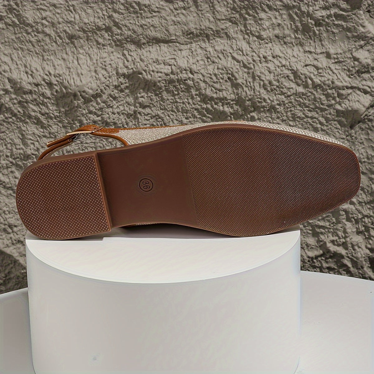 Women's Brown Linen Square Toe Summer Sandals with Metal Buckle