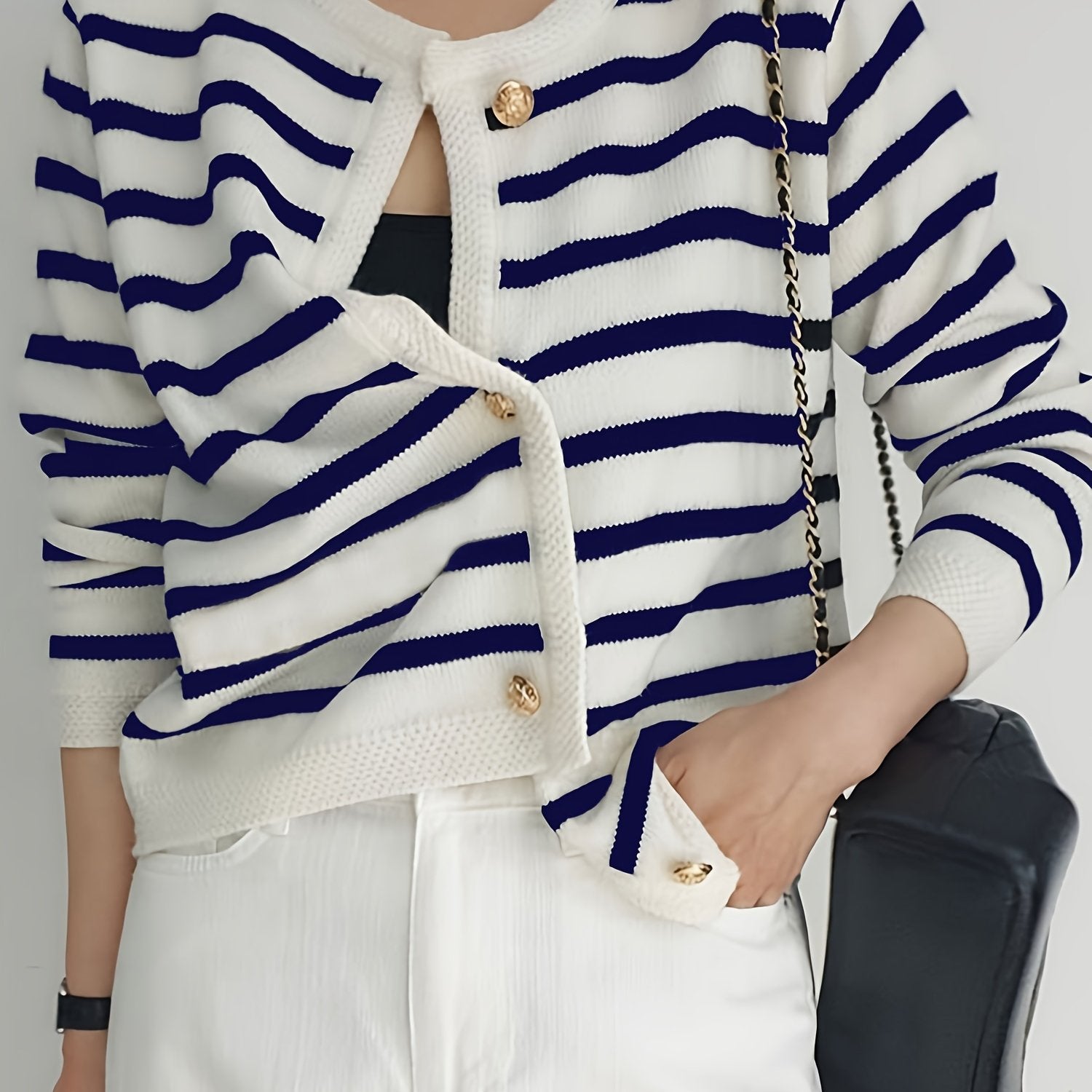 Women's Striped Knit Cardigan Fall Long Sleeve Button Front High Stretch Lightweight