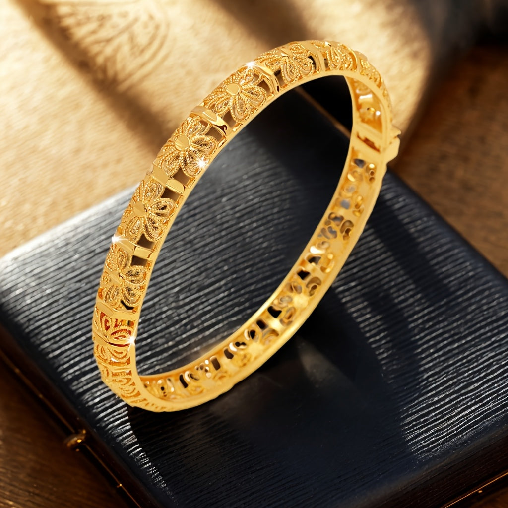 Vintage Boho uslubidagi bangle bilaguzuk, 3D gullar o'yilgan - to'ylar va partiyalar uchun ideal, mis va sun'iy toshlardan tayyorlangan, nafislikni tarqatadi.