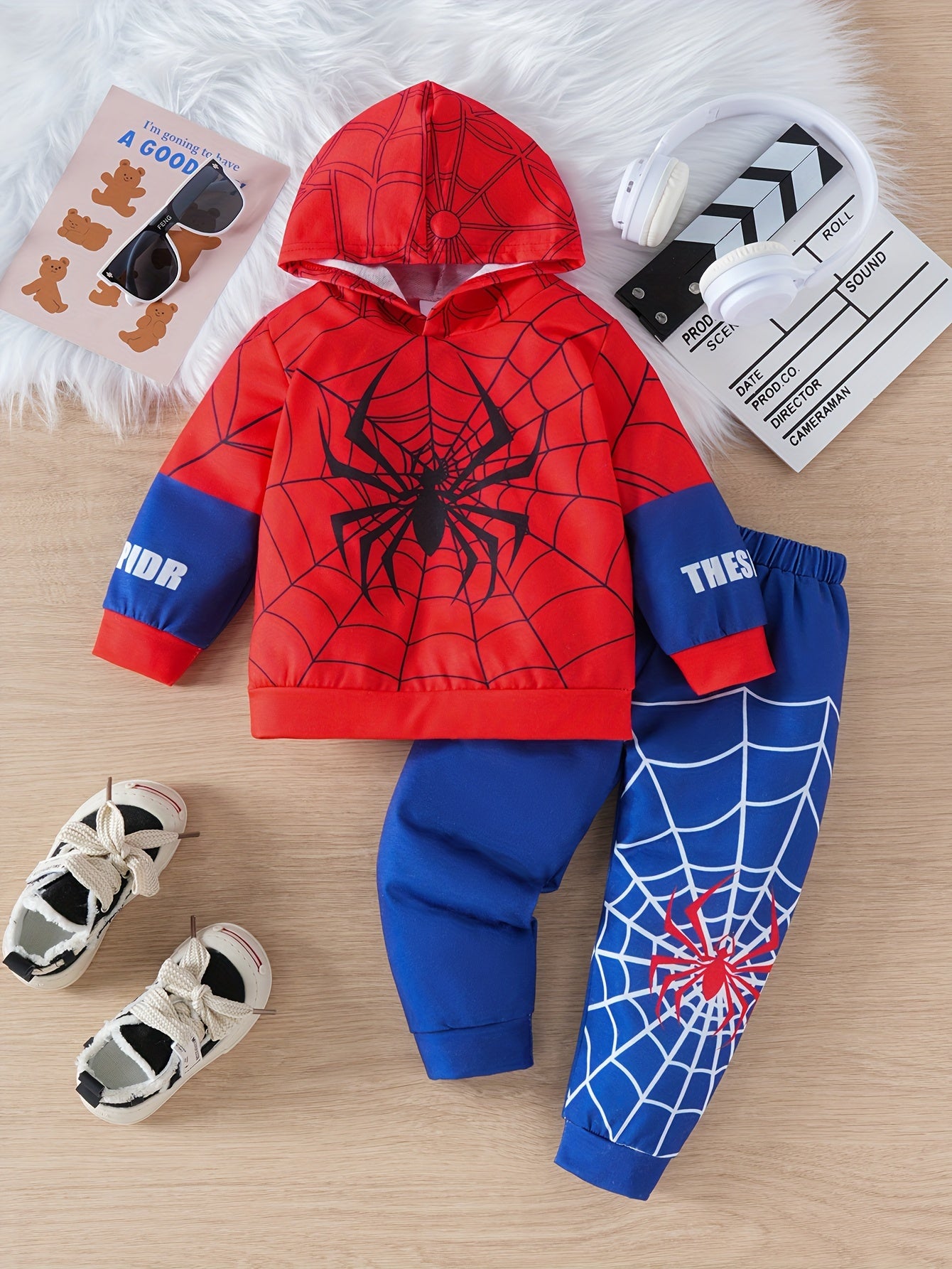 Boy's Spider Print Hoodie and Pants Set Casual Polyester for Daily Outdoor Wear