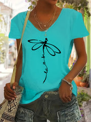 Plus Size Women's V-Neck T-Shirt Geometric Dragonfly Print Mint Green Black