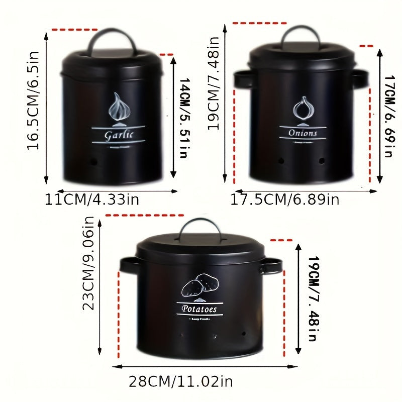 Metal Storage Canister Set 3 Pieces for Garlic Onions Potatoes Vent Holes