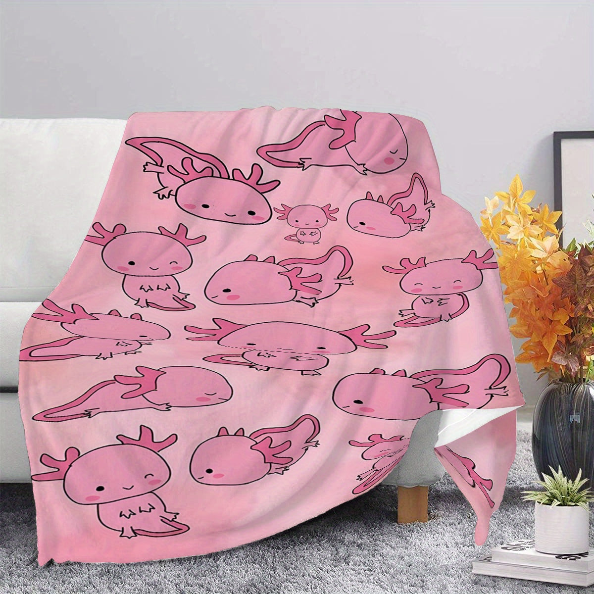 Pink Cartoon Salamander Fleece Blanket for Kids and Adults Lightweight Soft Warm
