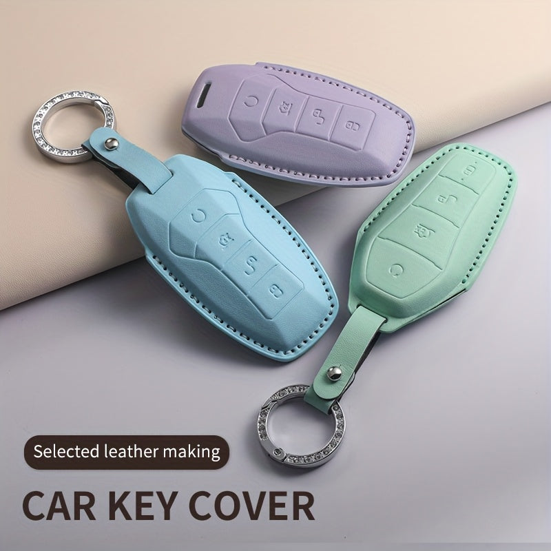 Car Key Cover Leather Case with Diamond Accent for Light Blue Green Purple Models