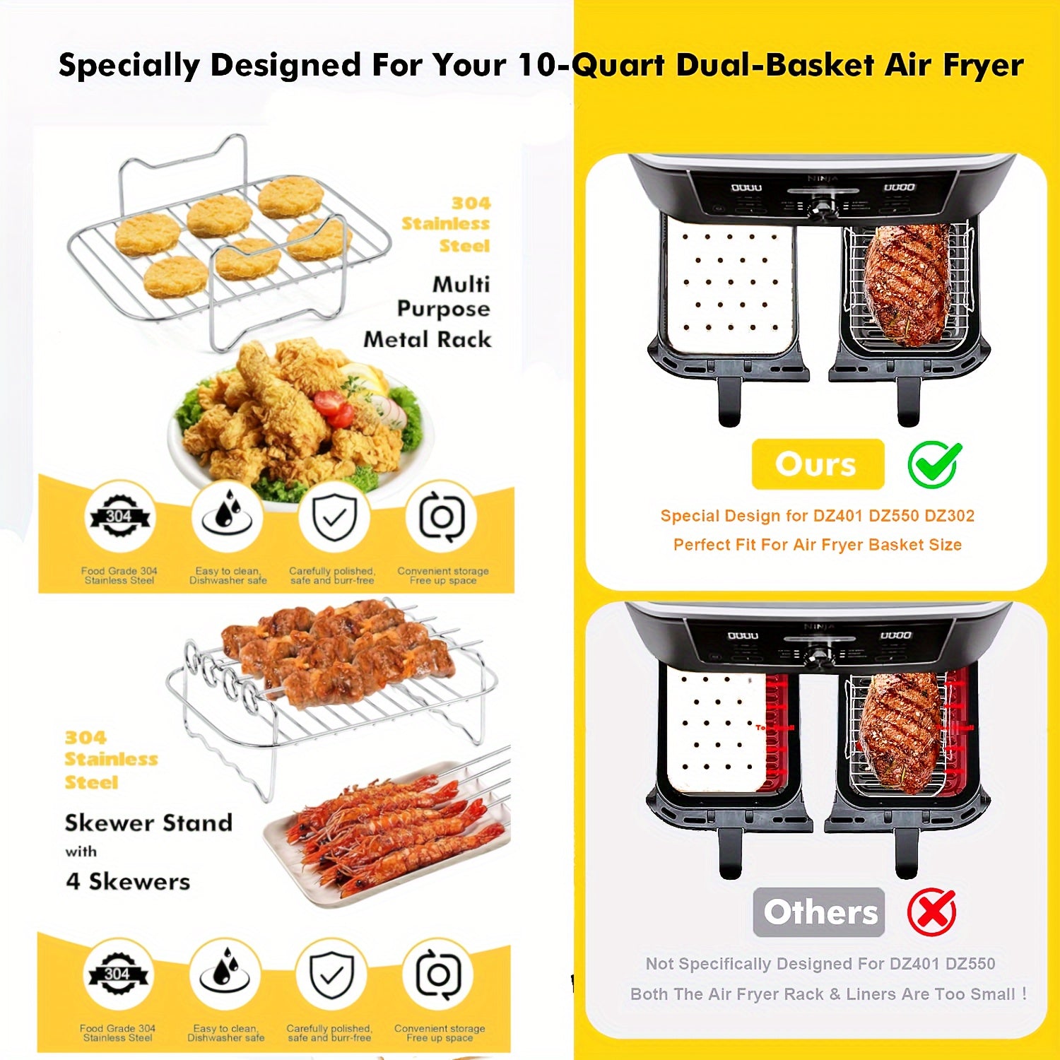 5-Piece Air Fryer Accessories Set for 10 Quart Dual Basket Air Fryers with Racks Paper Liners and Silicone Anti-Scalding