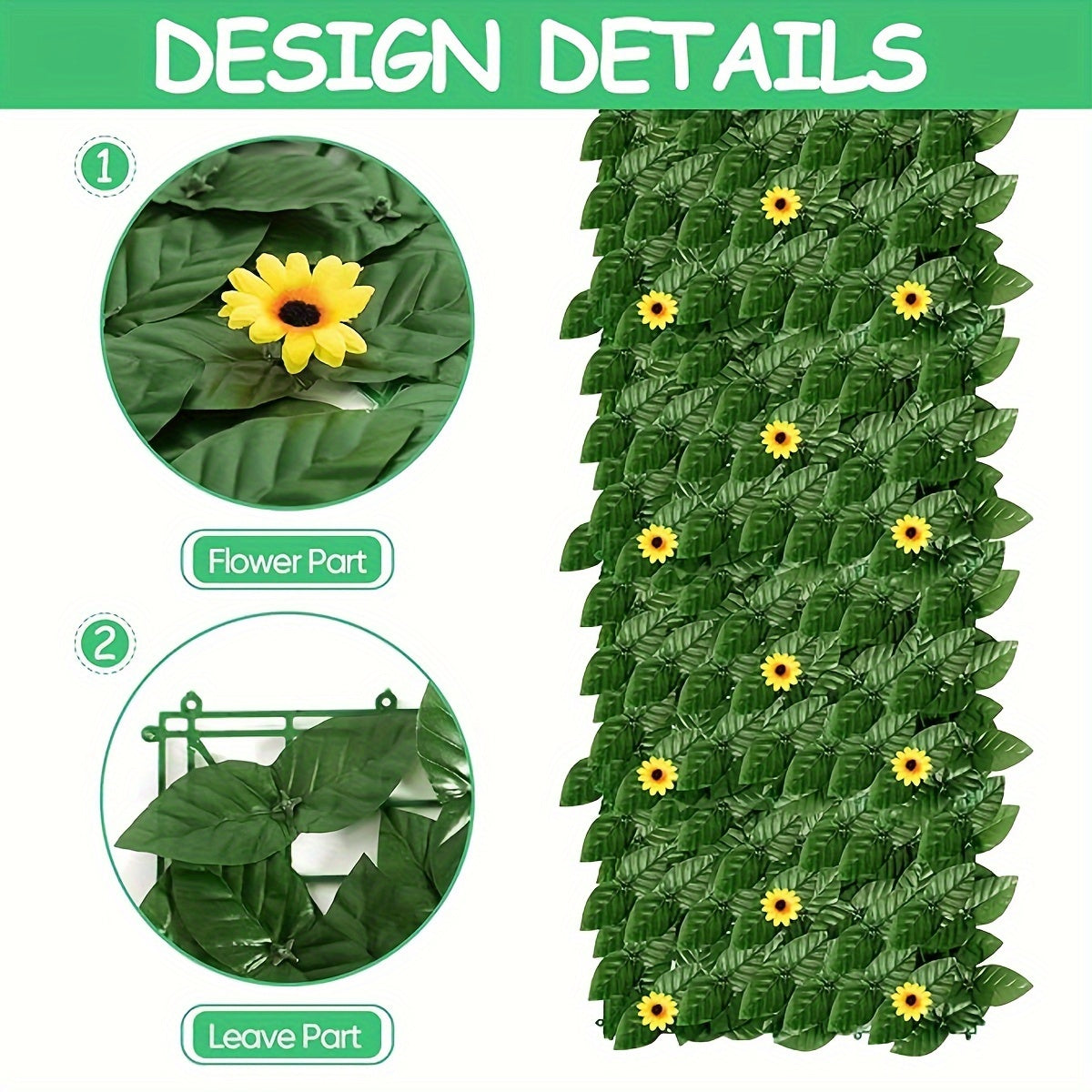 Artificial Ivy Fence Panel with Sunflowers Outdoor Privacy Screen UV-Resistant Plastic Vine