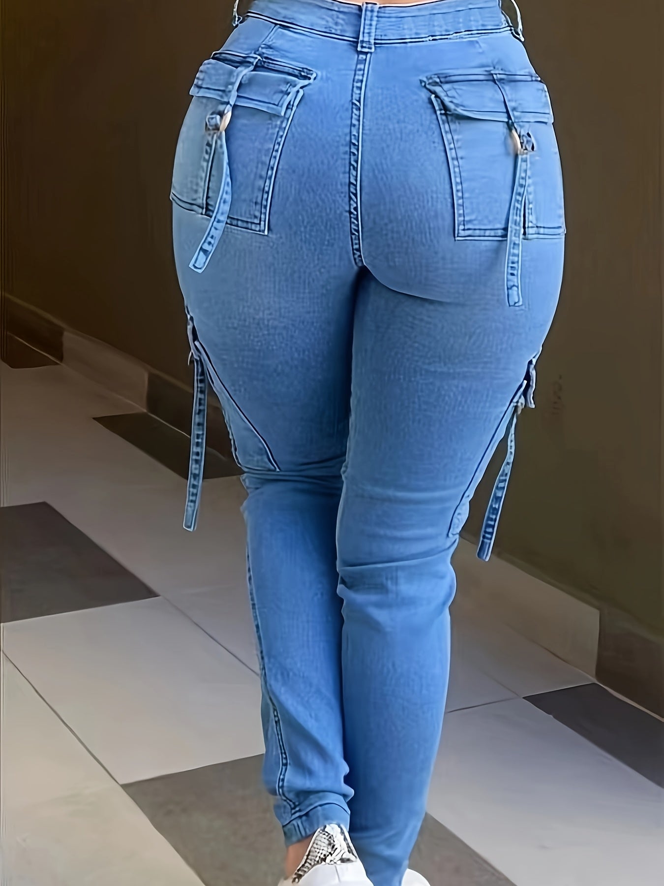 Women's Plus Size High-Waisted Skinny Cargo Pants Rayon Elastane Polyester All-Season