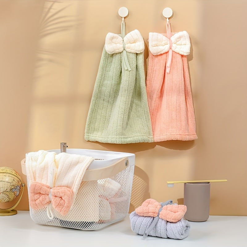 Coral Fleece Fingertip Towel with Bow, Soft Absorbent Quick-Dry Hanging Loop Pastel 400gsm