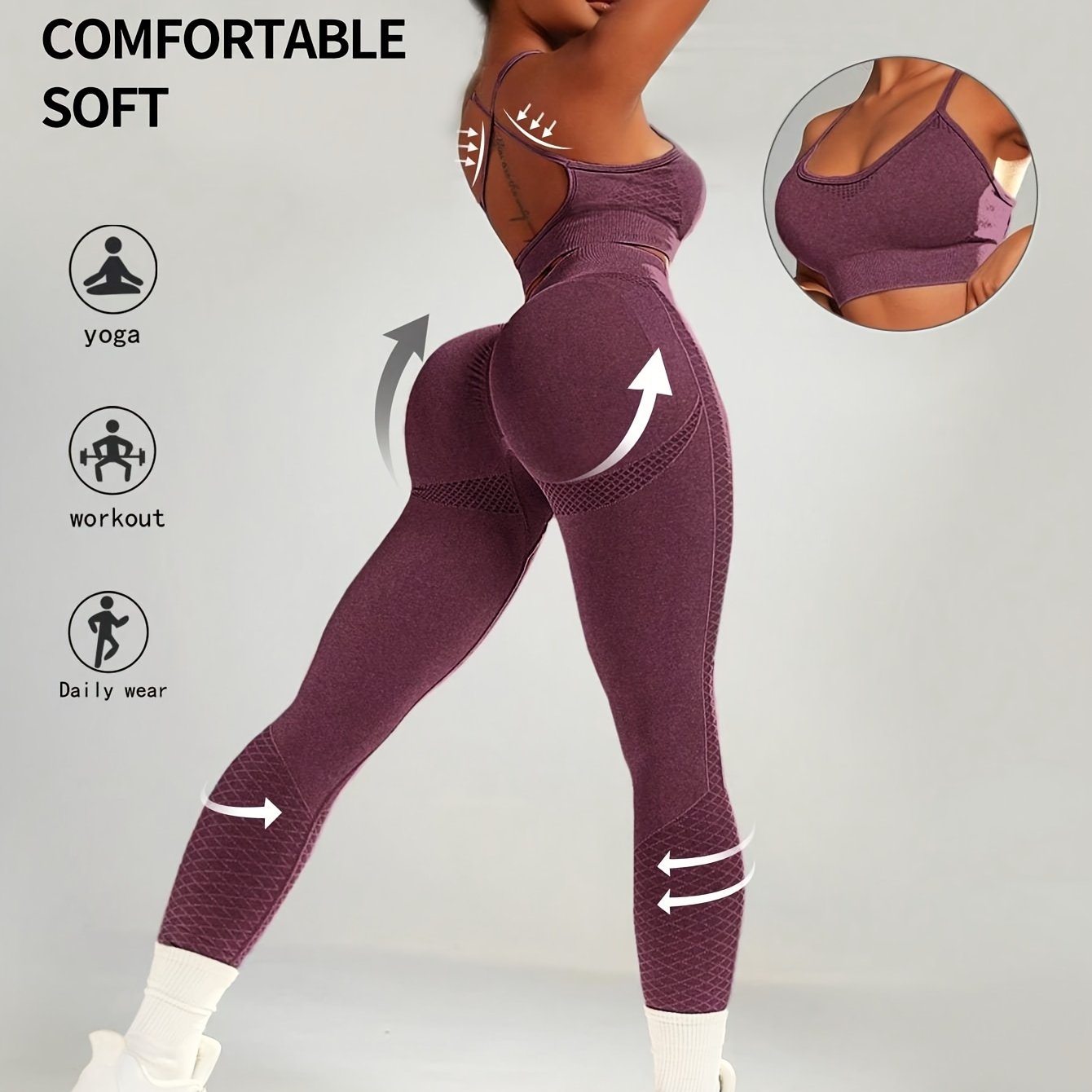 Ayollar uchun bir rangli yoga sport to'plami, yuqori bel bilan qorin nazorati va siqish moslamasi, fitness va mashg'ulotlar uchun to'qilgan nafas oladigan matodan tayyorlangan.