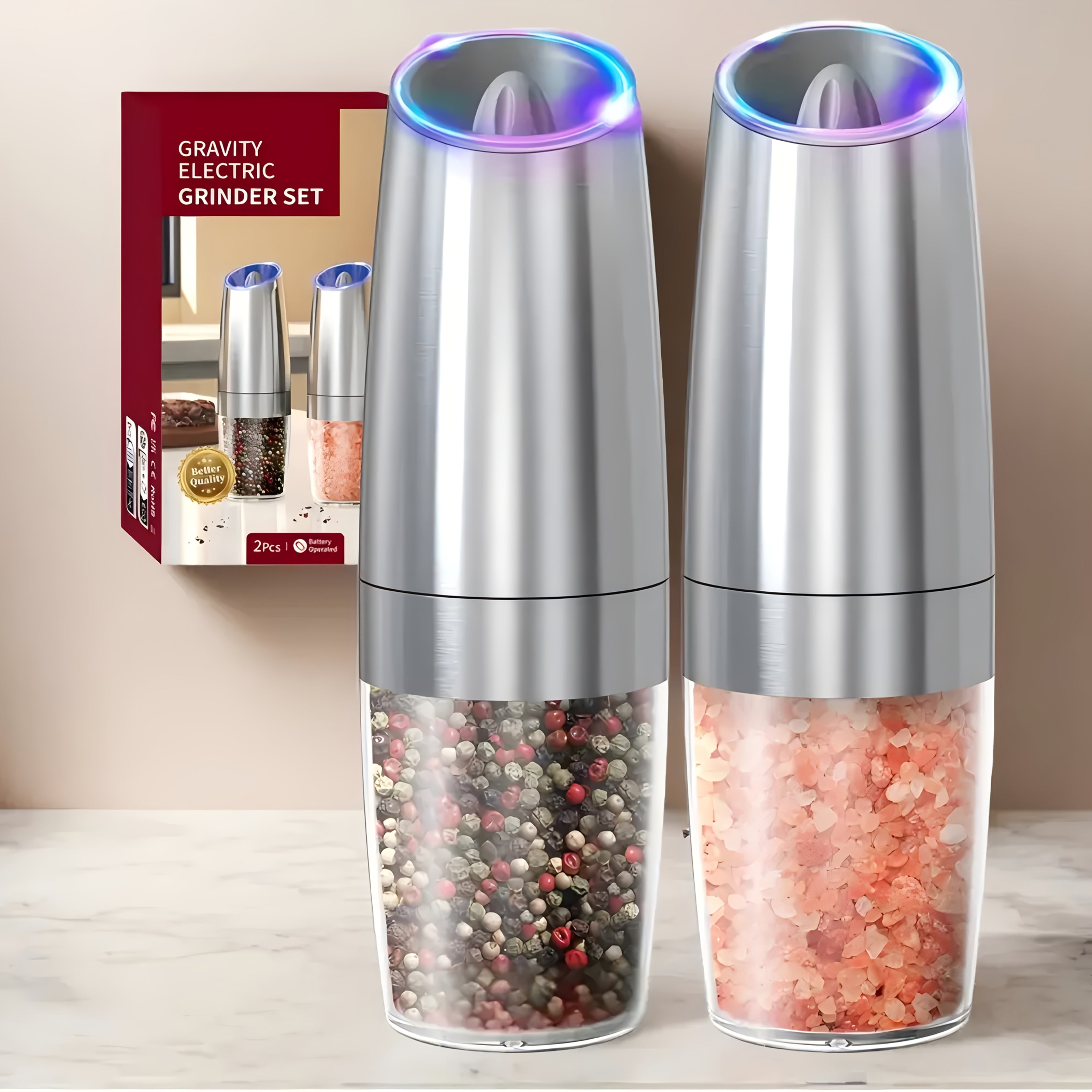Juego de molinillo de gravedad de acero inoxidable de 2 piezas con molinillo eléctrico de sal y pimienta ajustable