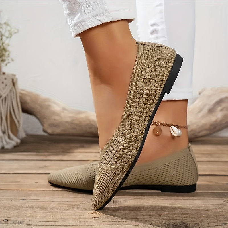 Women's Breathable Knit Pointed Toe Flats Slip-On Casual Shoes White