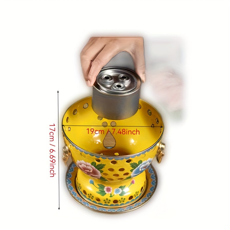Yellow Floral Enamel Hot Pot with Brass Lining for Family or Individual Use