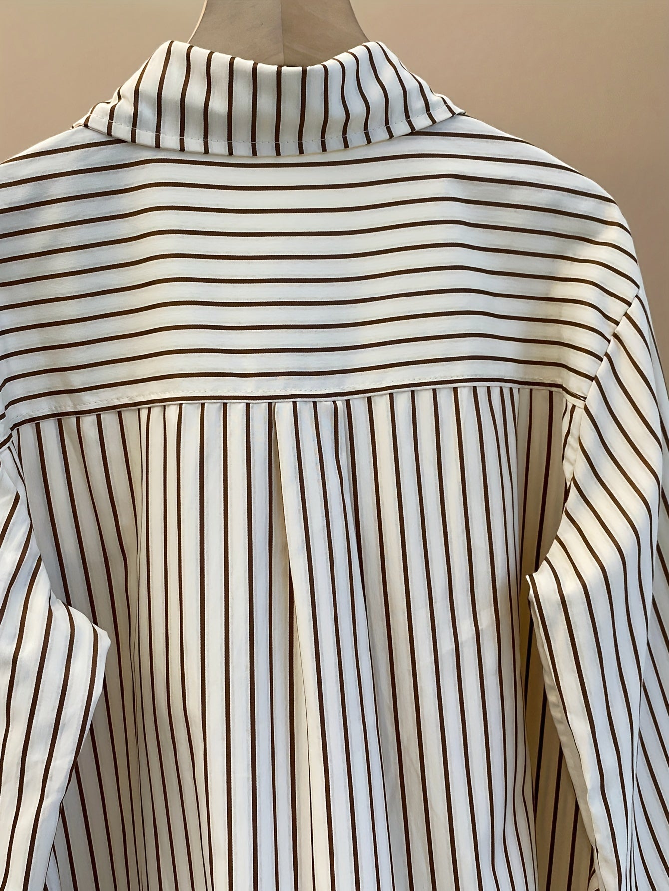 Women's Striped Cotton Blend Blouse with Ruffled Hem and Long Sleeves