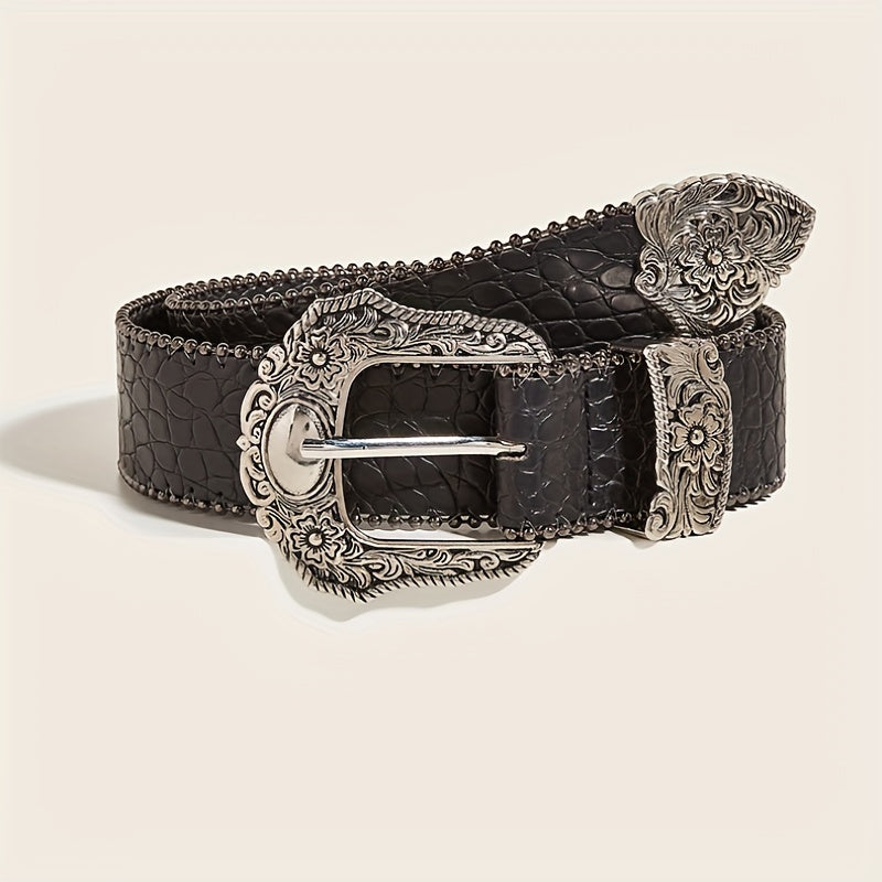 Women's Black PU Western Style Belt with Carved Buckle and Stone Embossing