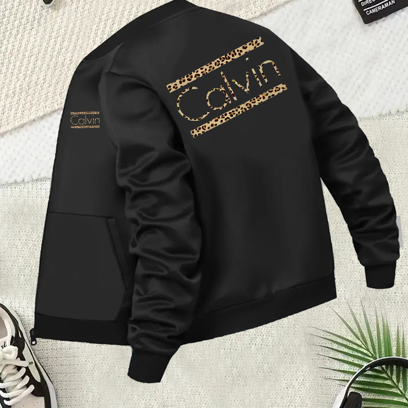 Women's Plus Size Black Bomber Jacket with Gold Lettering and Zipper