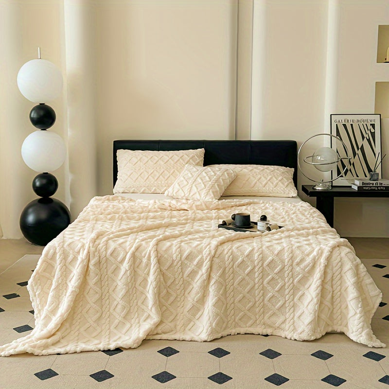 Double-Sided Velvet Office Blanket Rhombus Grid Tartan and Solid Color Square Pattern