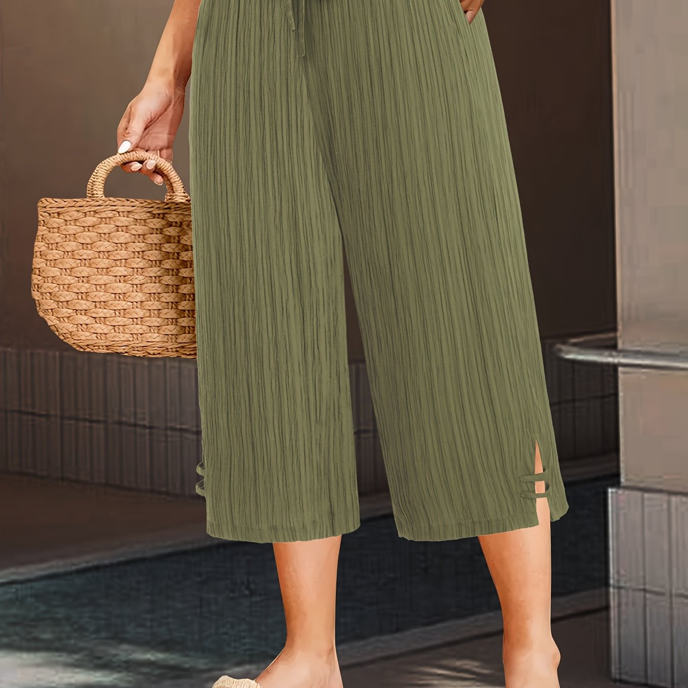 Plus Size Women's Pleated Striped Wide Leg Pants with Side Slit