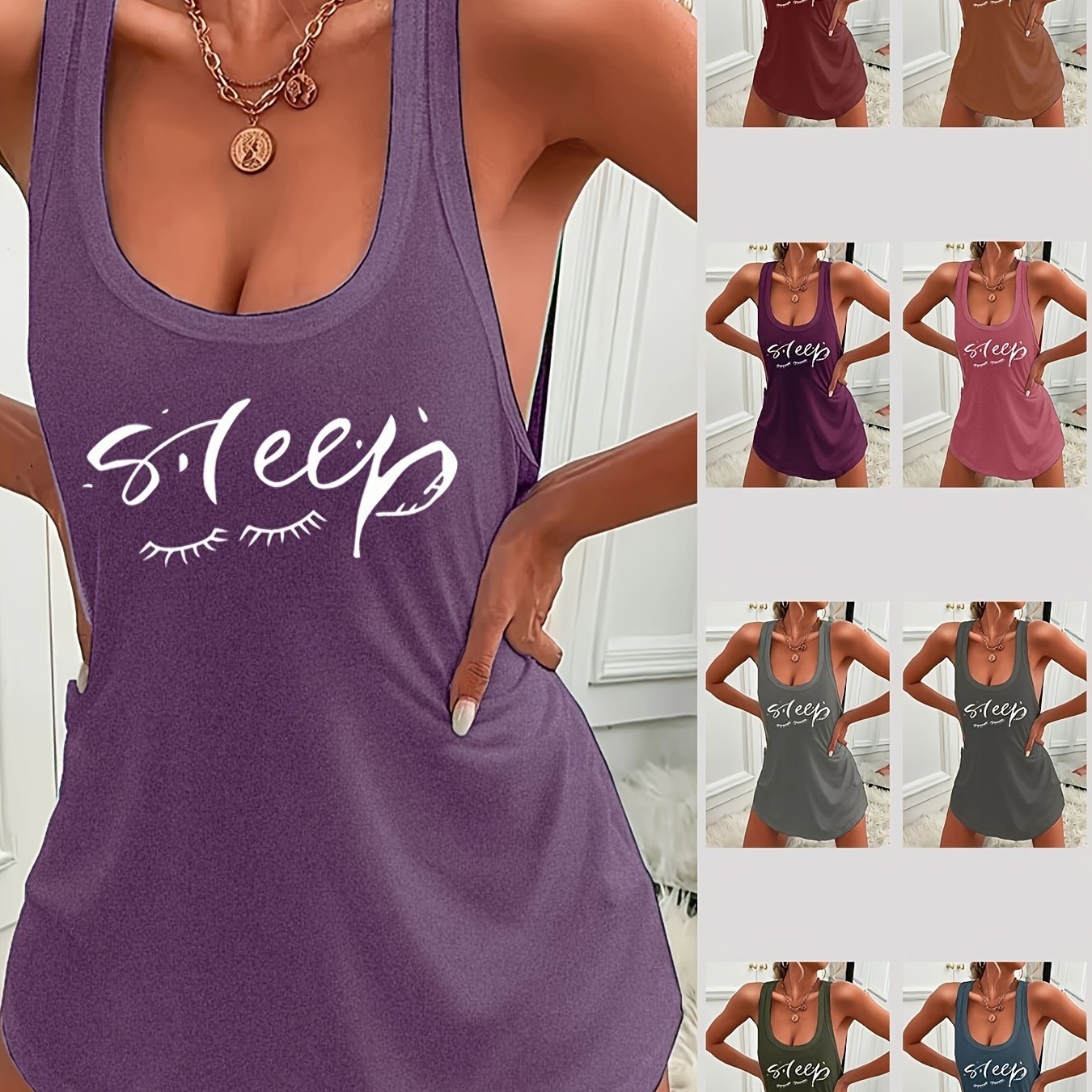 Женское повседневное ночное платье-майка с принтом "Sleep", изготовленное из легкой полиэстеровой трикотажной ткани для комфорта в любое время года.