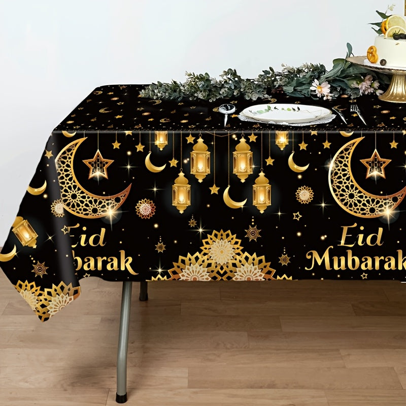 Праздничная скатерть Eid Mubarak Черное золото Луна Звезда Фонарь дизайн 130x220см Пластик