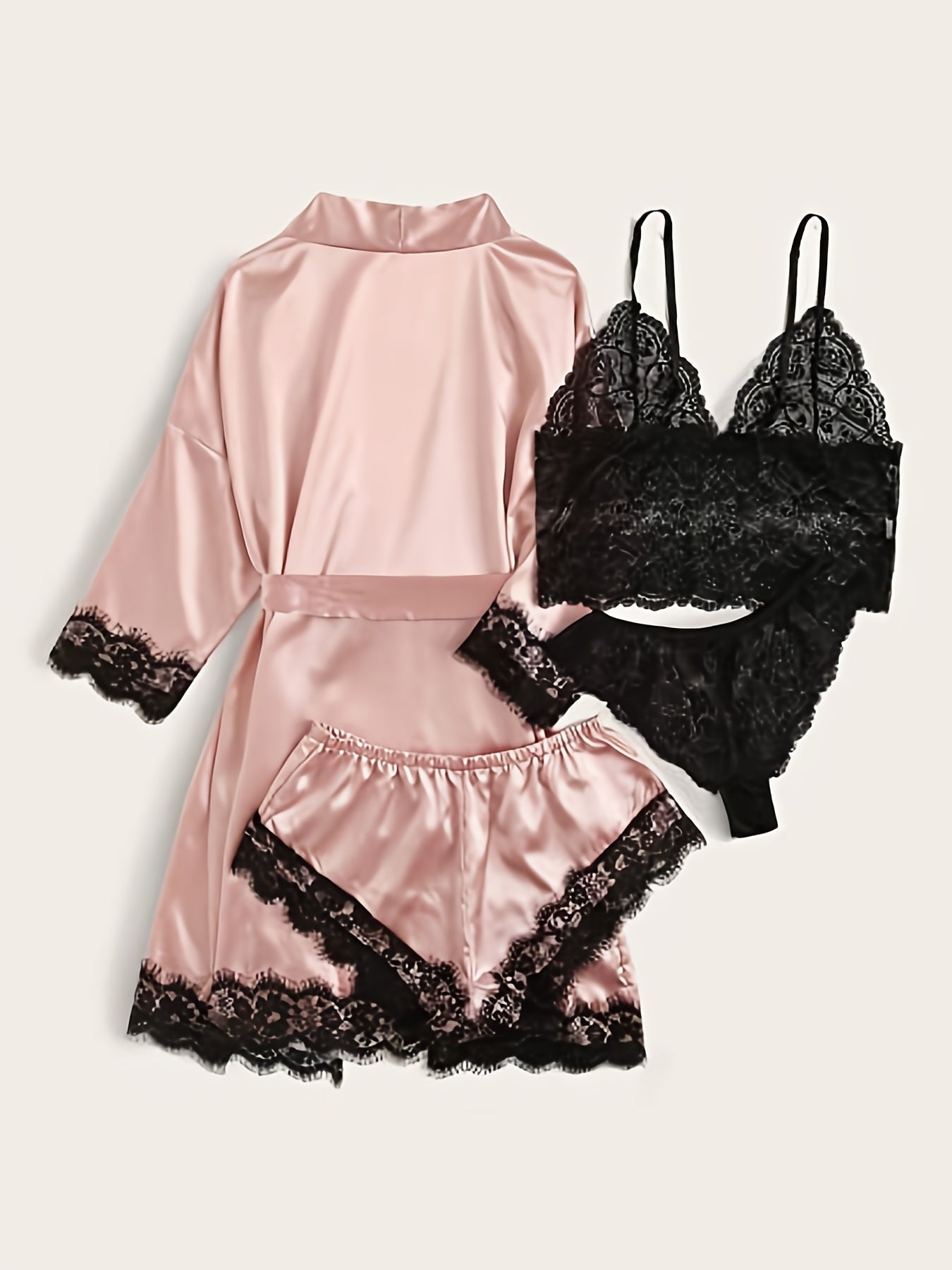 Lace Trim Sleepwear Set with Glossy Pajamas 4 Pieces for Adults