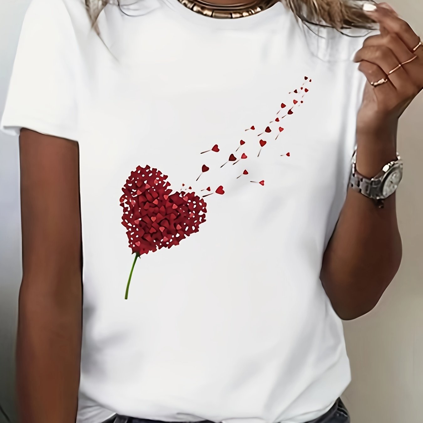 Plus Size Women's White Short Sleeve T-Shirt with Heart Print