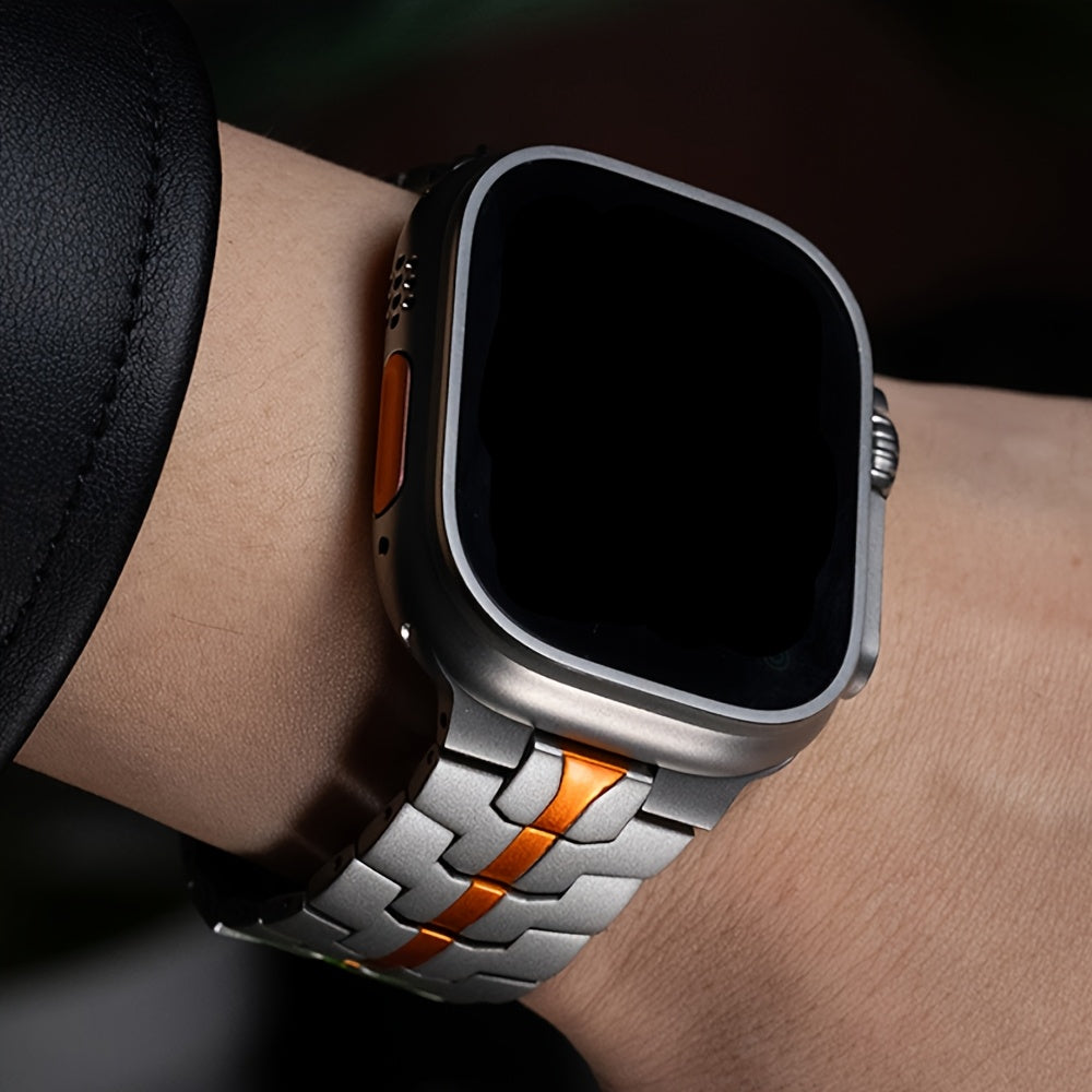 Titanium Alloy Apple Watch Band for Series 10 Ultra 2 46mm 49mm with Stainless Steel Clasp and Orange Accent Textured Metal Strap for iWatch 5 6 7 8 9 44mm 45mm