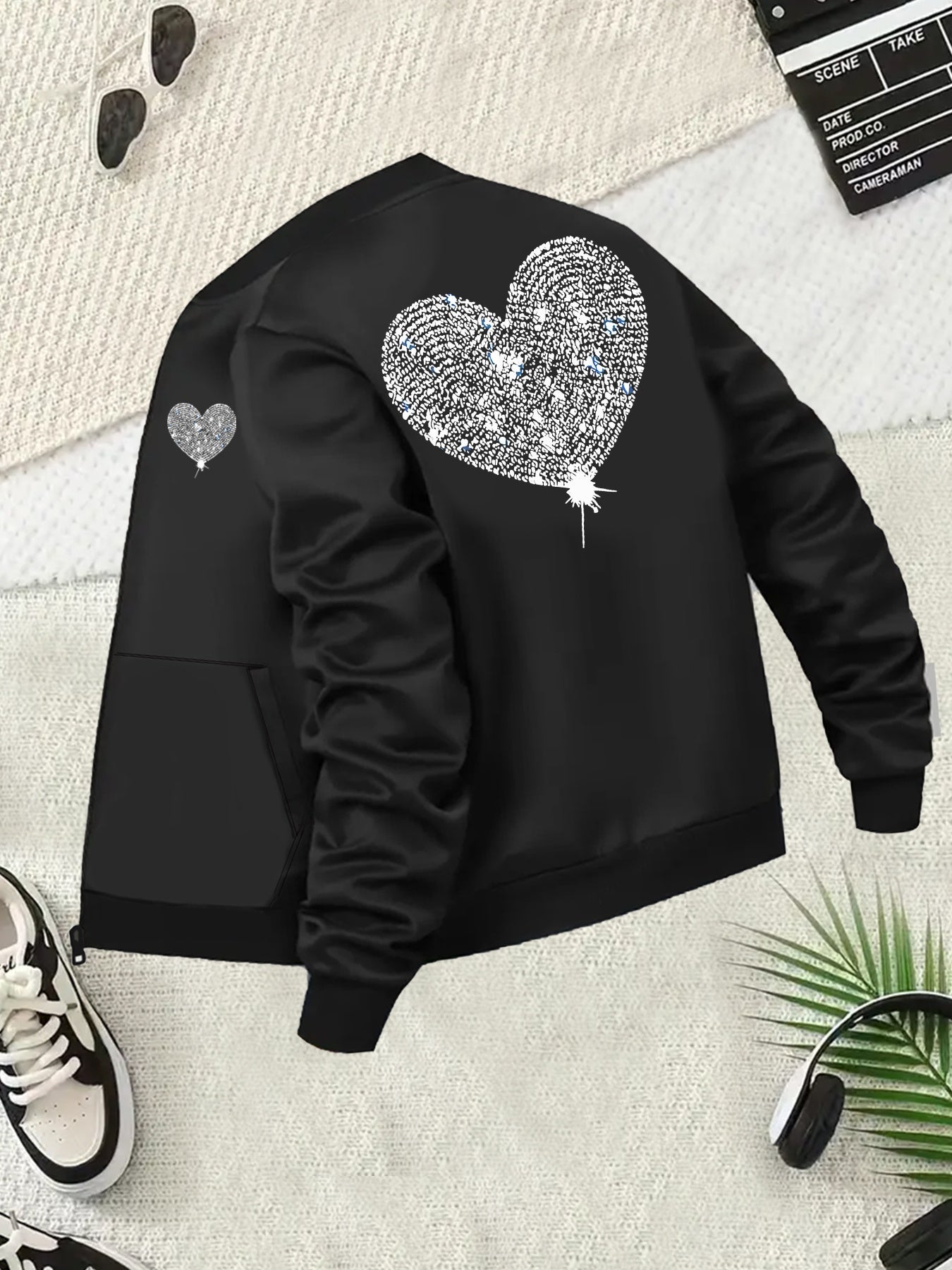 Plus Size Women's Casual Jacket with Rhinestone Heart Design Long Sleeve Zip-Up Outerwear