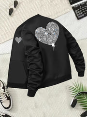 Plus Size Women's Casual Jacket with Rhinestone Heart Design Long Sleeve Zip-Up Outerwear