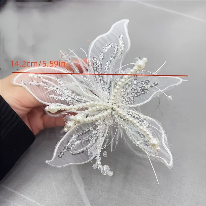 White Lace Flower Hairpin with Feather Edge for Bridal Wedding Accessories