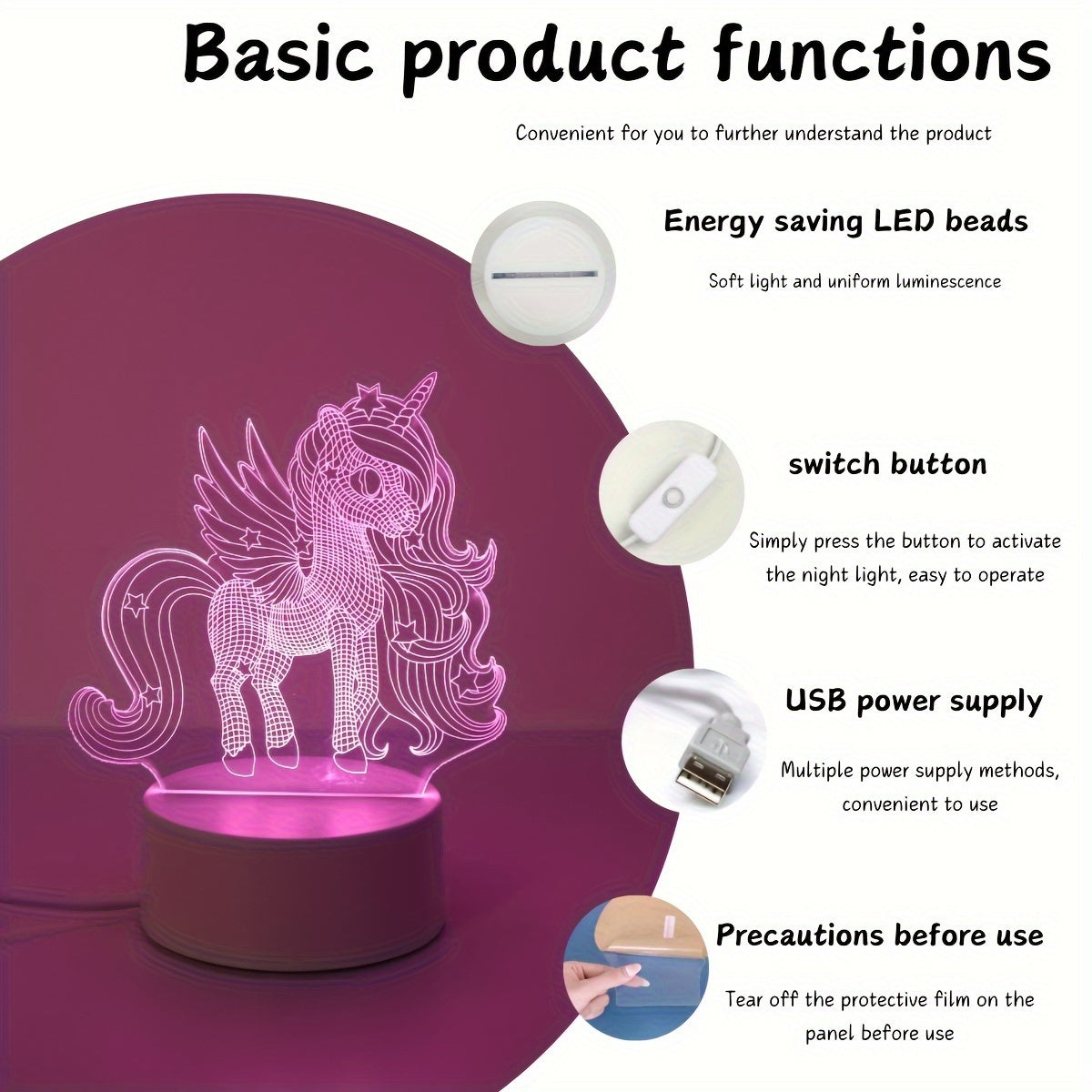 3D Unicorn Night Light USB Desk Lamp for Kids and Adults with Switch