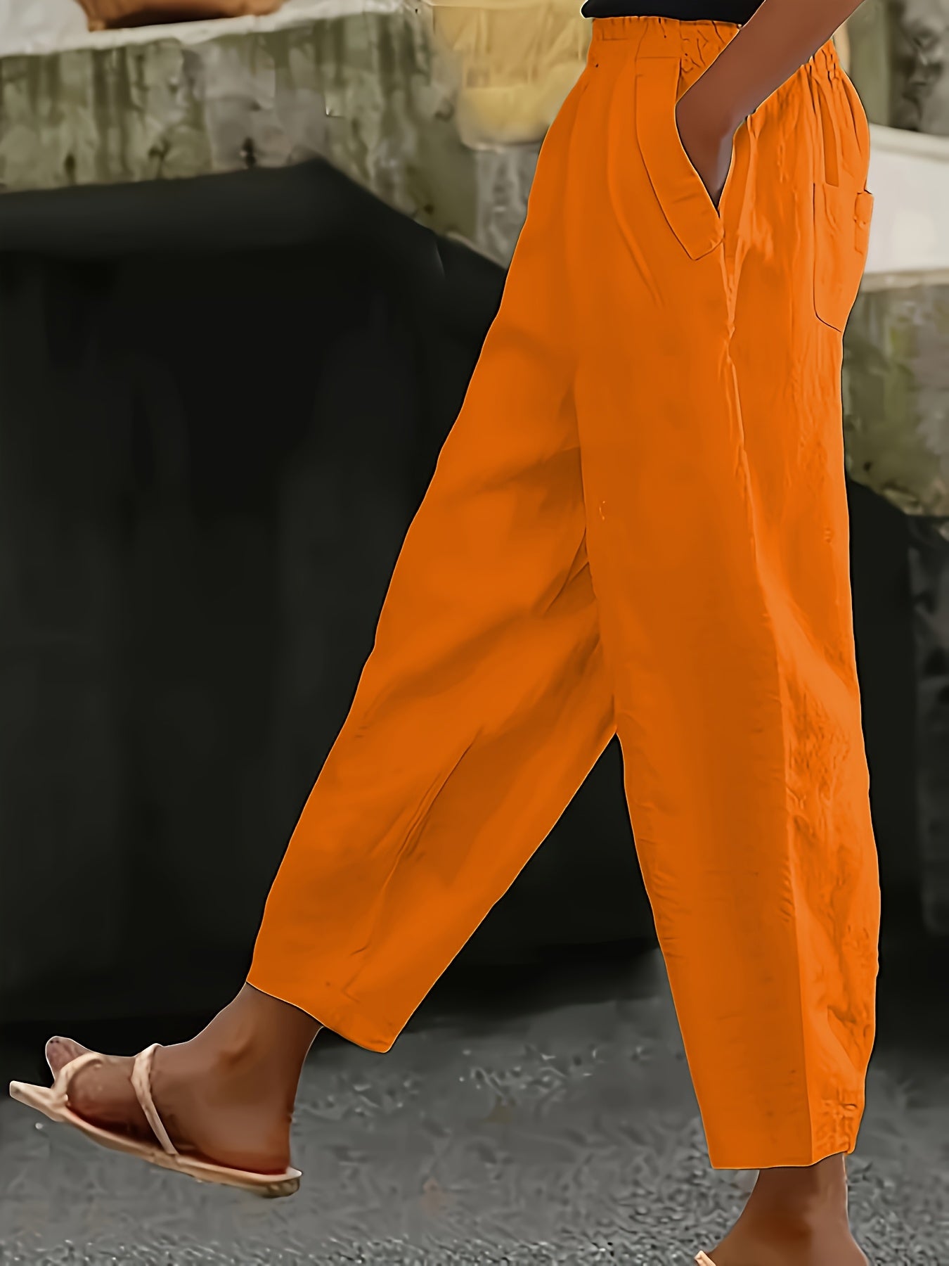 Pantalones casual de talla grande para mujer con cintura elástica y bolsillos, color sólido, pierna ancha