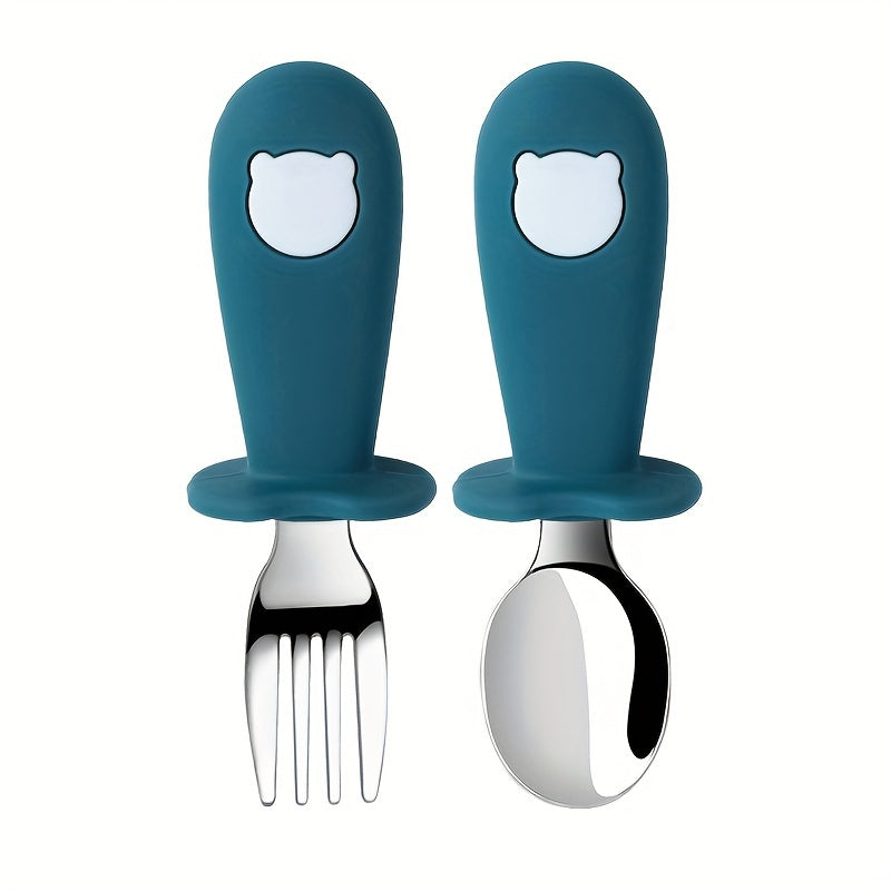 Children's Feeding Set with Silicone and Stainless Steel Spoons and Forks, Non-Toxic, Kid-Friendly