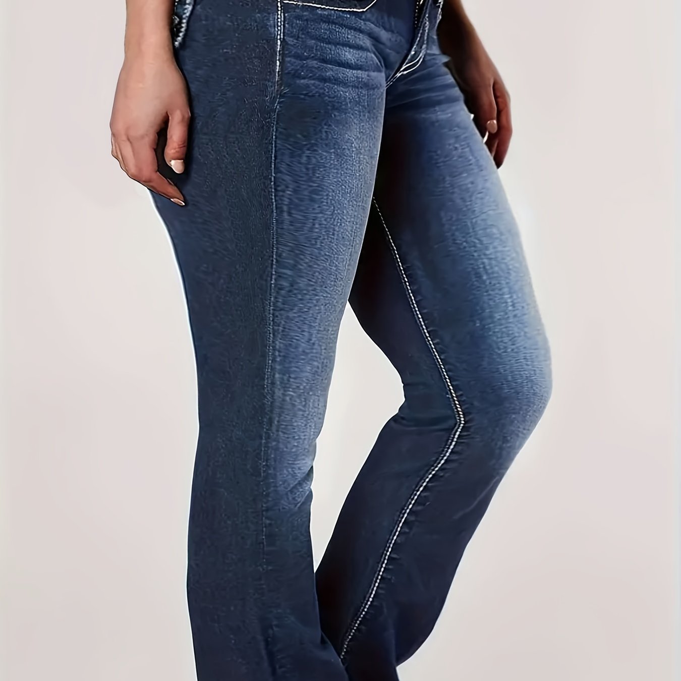 Plus Size High-Waist Bootcut Jeans with Embroidered Pockets Stretch Denim Blue