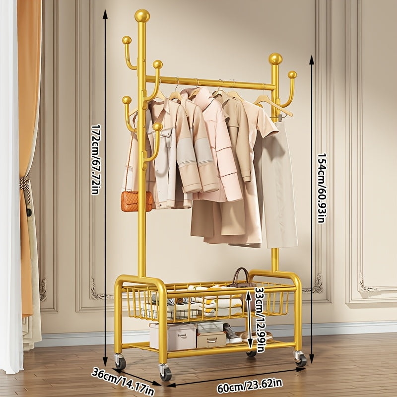 Multifunctional Rolling Coat Rack with 6 Hooks and Shelf Black Metal