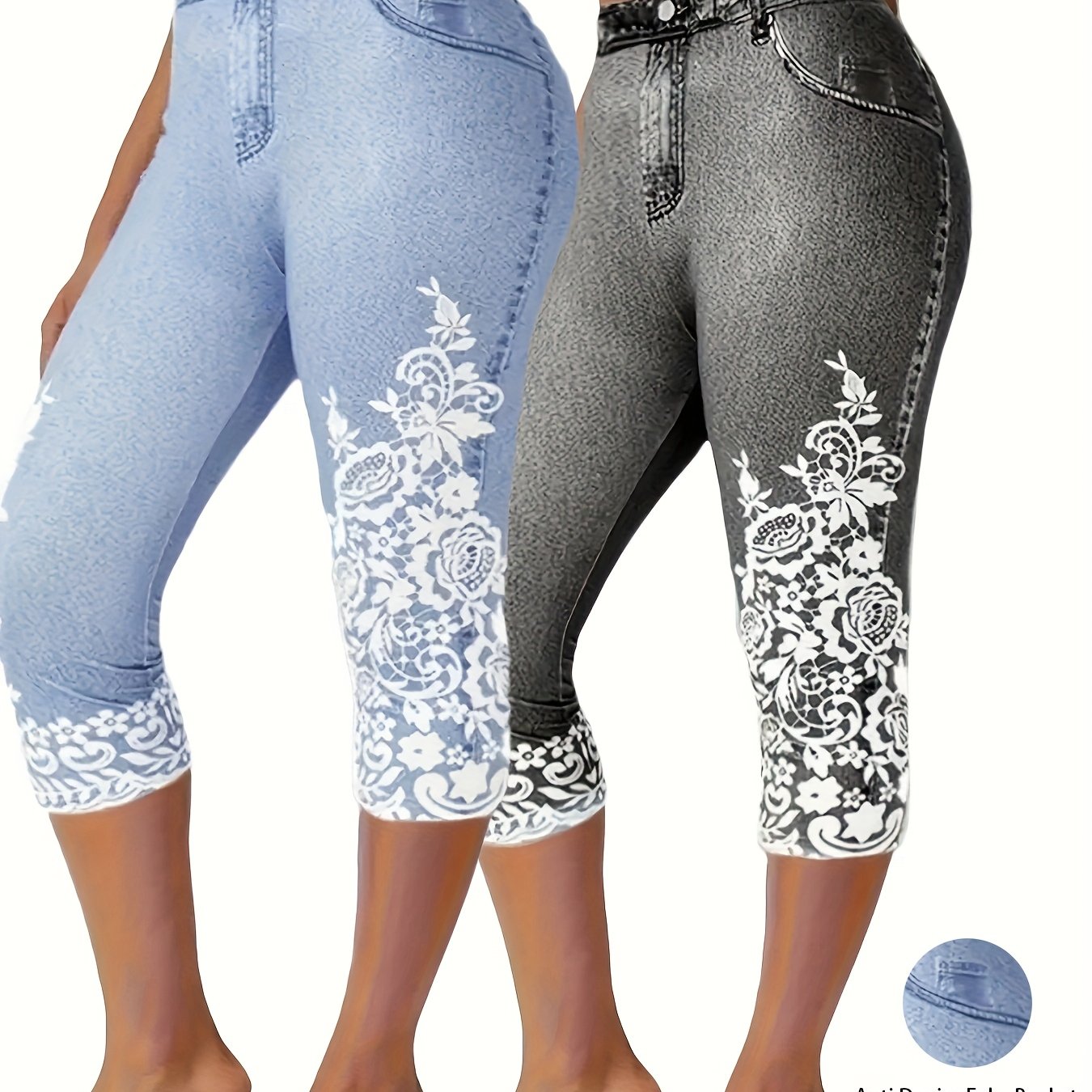 Women's Faux Denim Cropped Leggings 2-Pack Oversized Black Blue