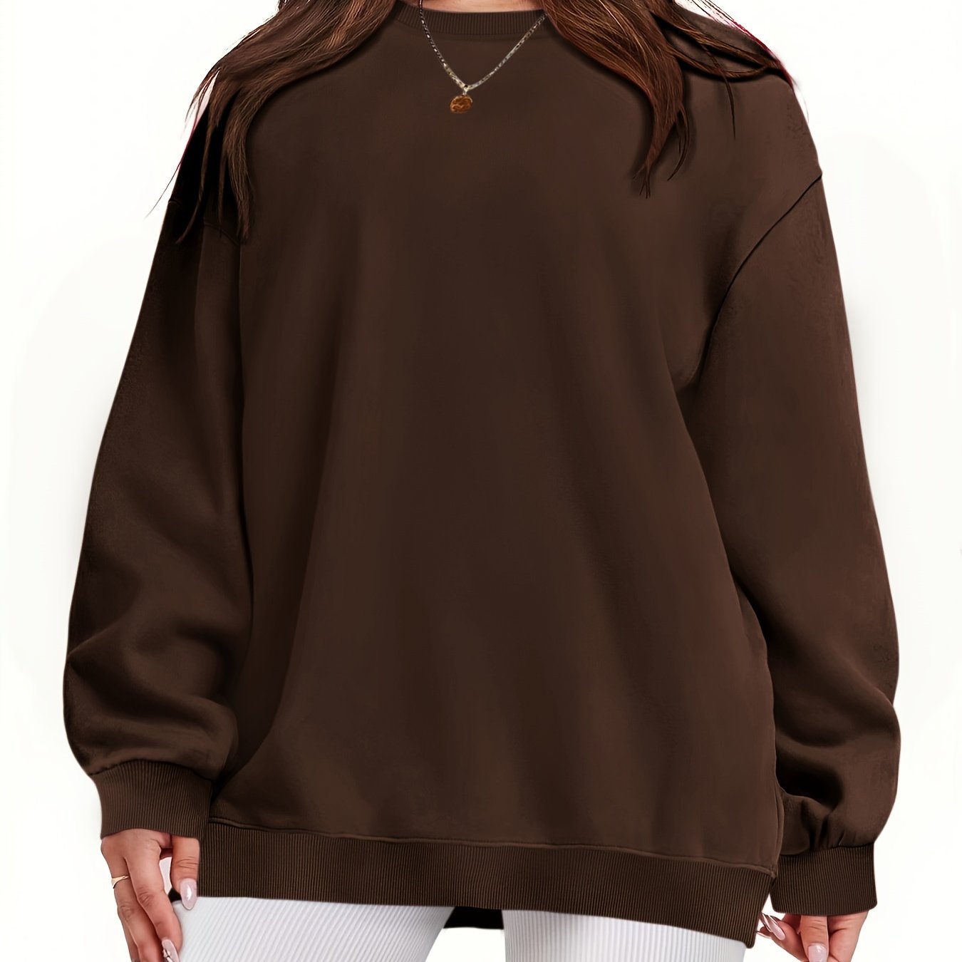 Plus Size Women's Solid Long Sleeve Crew Neck Sweatshirt Casual Fall Spring