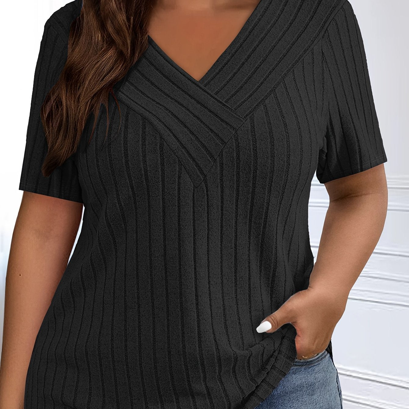 Plus-Size Women's V-Neck Cross Strap T-Shirt Ribbed Short Sleeve Casual Top