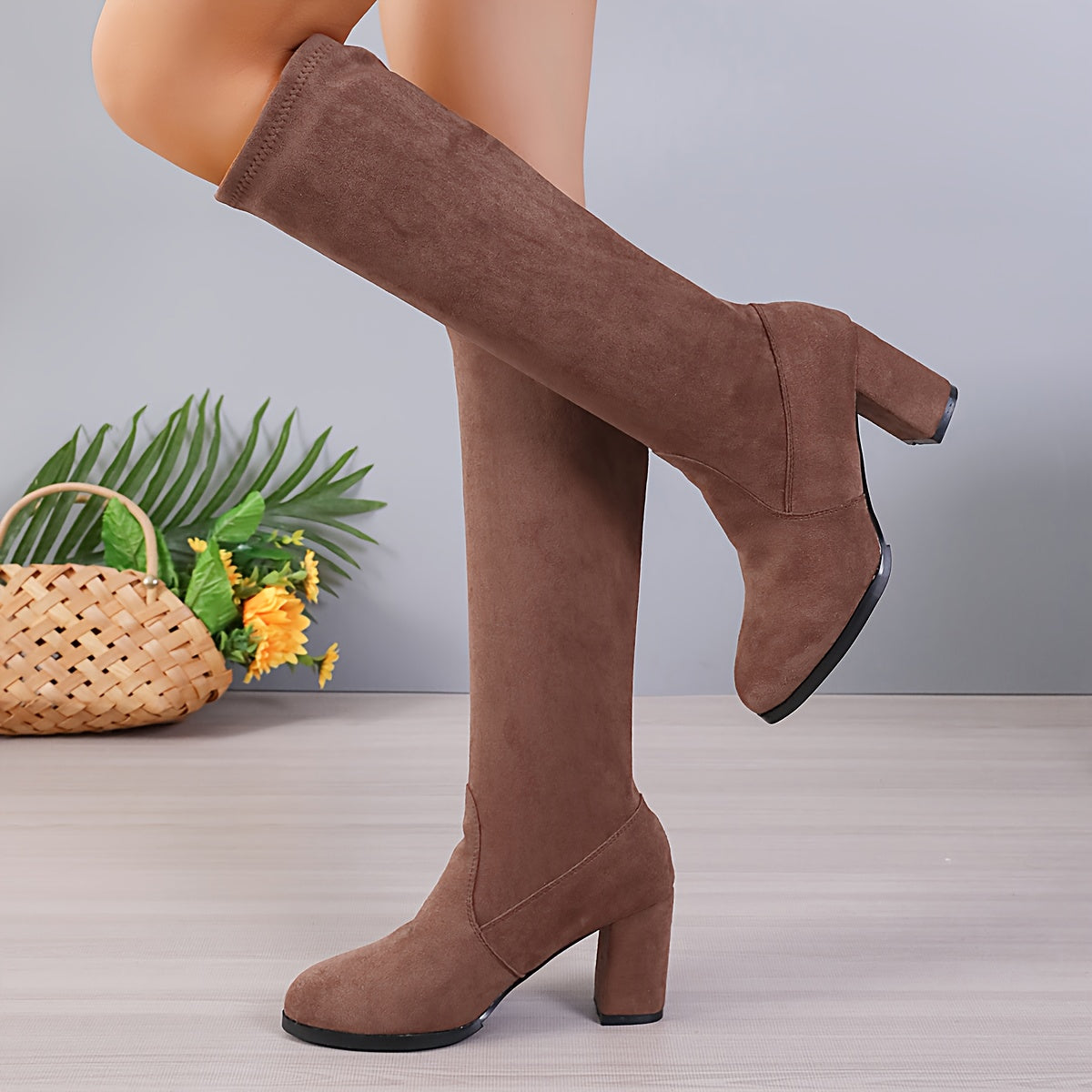 Women's Elastic Mid-Calf High Heel Boots Black Leather