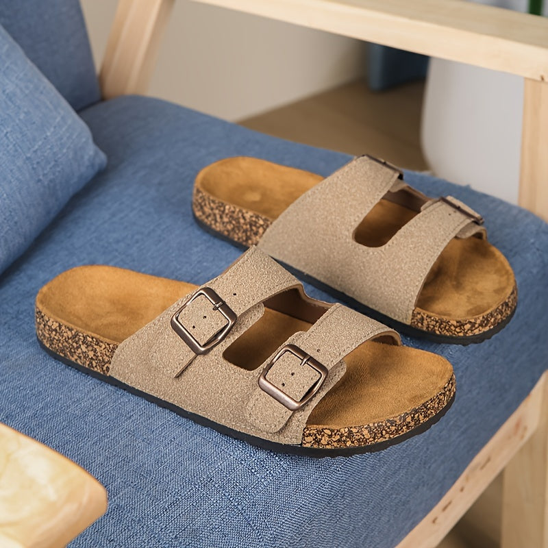 Open-Toe Slides for Men and Women with Double Buckle Straps Cushioned Sole and Breathable Fabric in Solid Colors