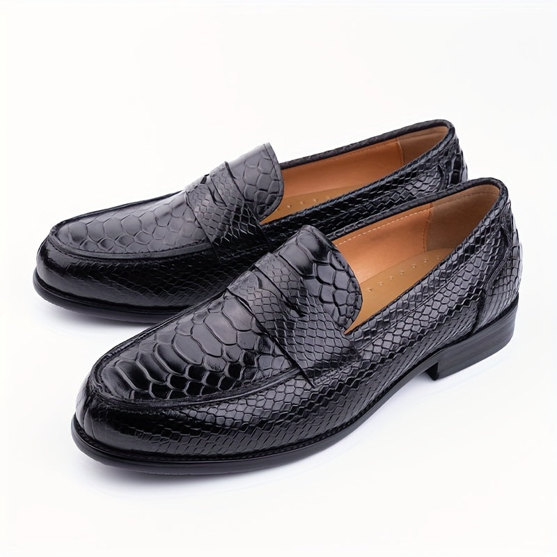 Men's Leather Loafers Casual Slip-On Shoes with Embossed Design and Rubber Sole
