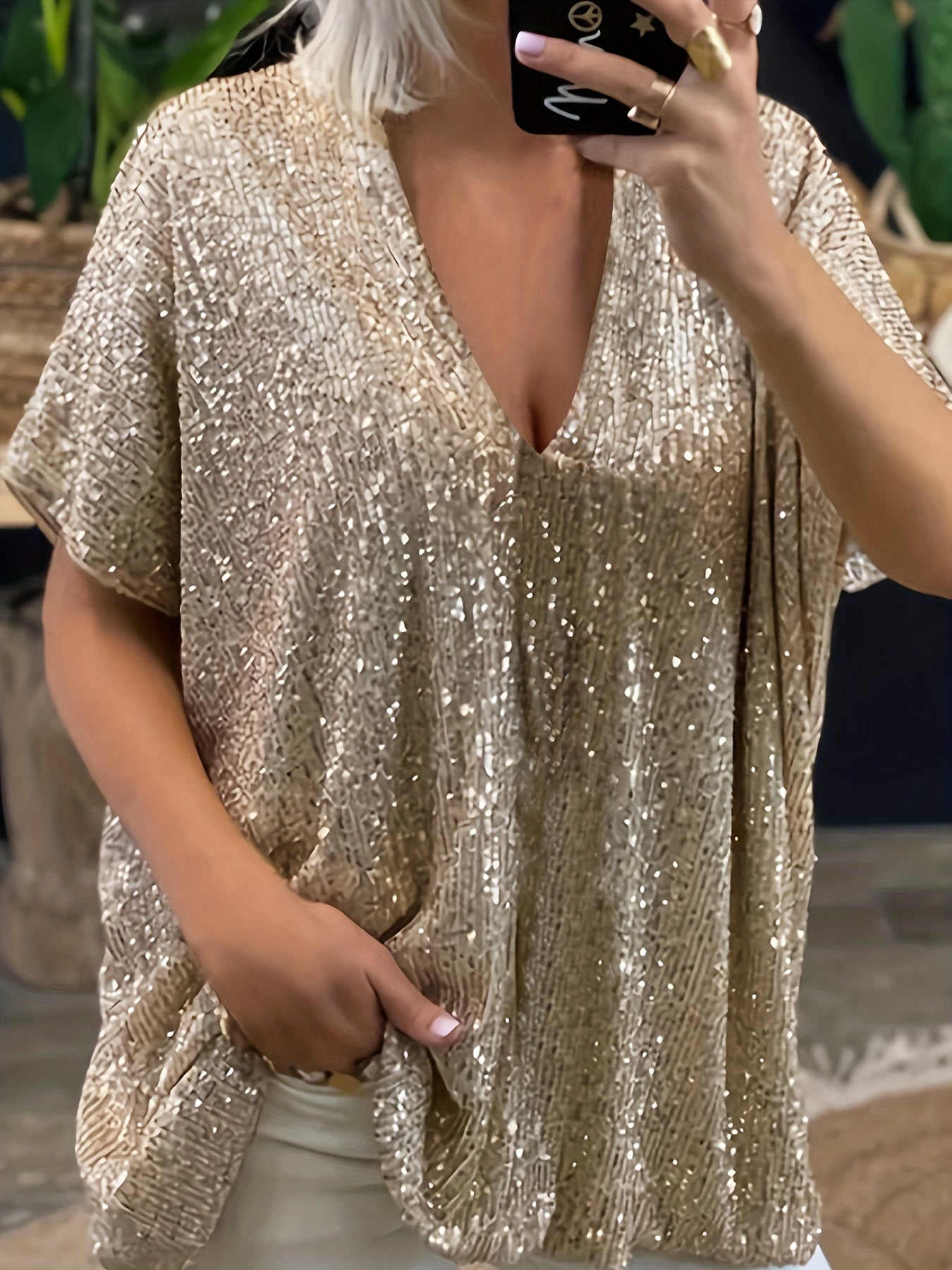 Women's Sequin V-Neck Top with Short Sleeves and Solid Color