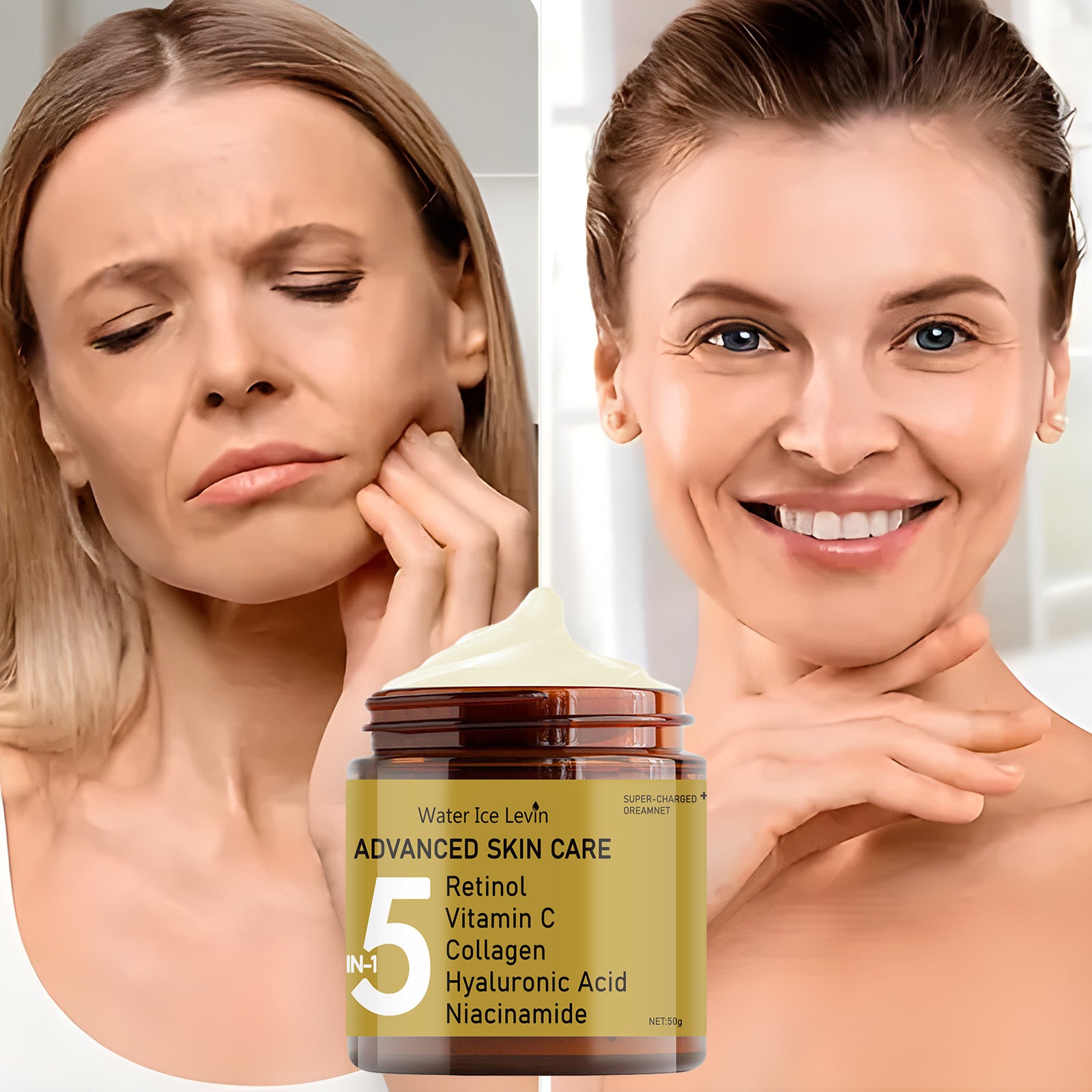 Крем с ретинолом с формулой 5 в 1 для всех типов кожи быстро разглаживает кожу с помощью витамина C, коллагена, гиалуроновой кислоты и никотинамида.